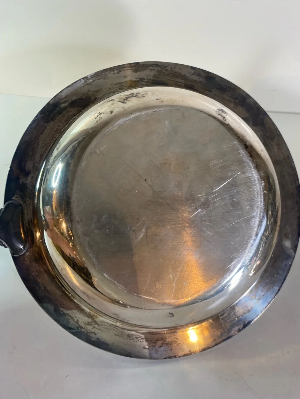 Silver Plate Lidded Round Chafing Dish With Black Wooden Handle Wooden Handle